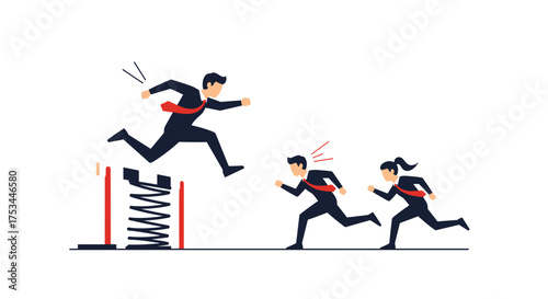 Business people running a race and jumping over obstacles on a white background.