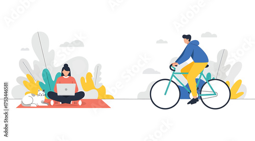 Vector art of a girl is working on a laptop and a man is riding a bicycle, vector illustration in flat style