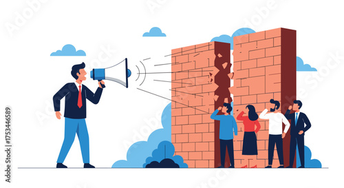 A businessman broadcasts a message through a megaphone towards a brick wall, while a group of people listen behind the obstacle.