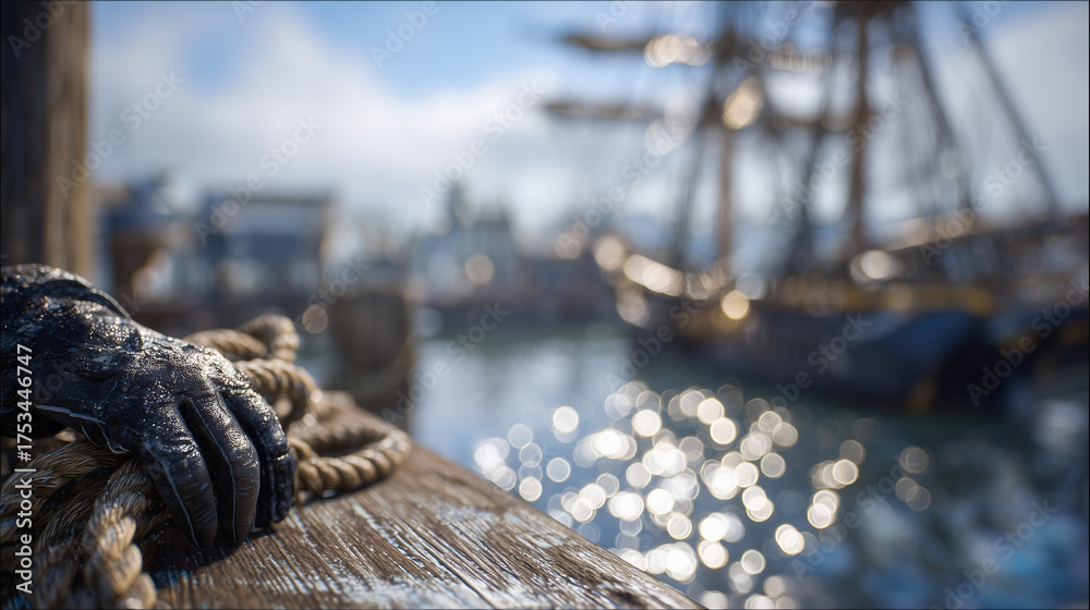 Obraz premium Dockside scene with gloved hand holding coiled rope, large vessel in background softly out of focus, clear sky overhead, sparkling water, detailed textures on rope and weathered do