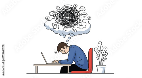 A stressed person overwhelmed by many thoughts at work.