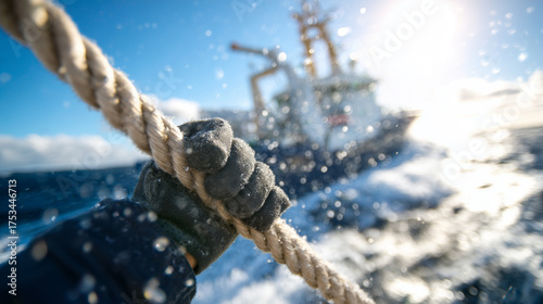 Perspective shot of a gloved hand gripping rope in foreground, research vessel blurred behind, bright blue sky and sunlit waves, rope fibers sharply detailed with cinematic depth