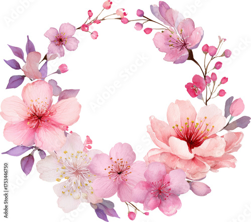Delicate watercolor pink flower wreath, floral cherry blossom frame