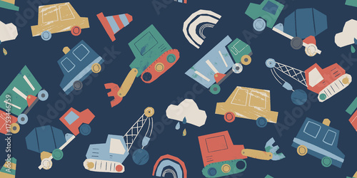 Cute construction vehicles seamless pattern. Kids background with trucks, excavators, and cars for boys. Hand-drawn transport illustration for nursery fabric, wallpaper, or textile print.