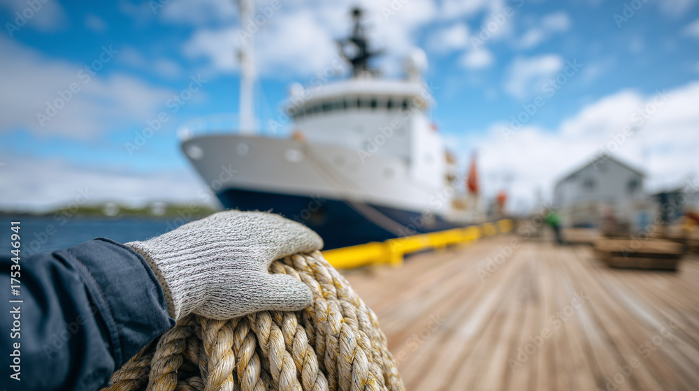 Fototapeta premium Gloved hand holding coiled rope on a dock, large research vessel visible in the blur behind, bright daylight, rope fibers detailed and weathered, cinematic perspective highlighting