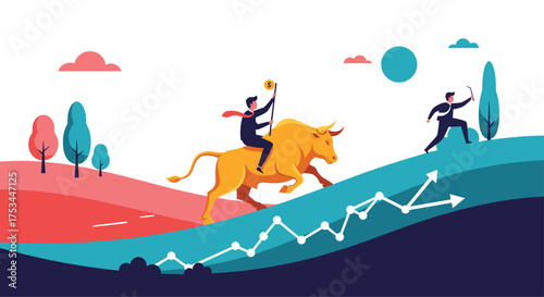 Bull market growth concept with businessman riding a bull.
