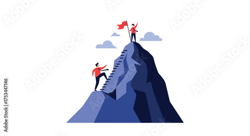 Two adventurers climbing a steep mountain to reach the summit and plant a flag.