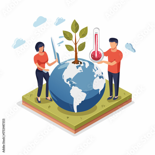 People Characters trying to Save Planet Earth.Woman and Man Planting and Watering Trees, Measuring Planet Temperature. Global Warming and Climate Change Concept. Flat Isometric Vector Illustration.
