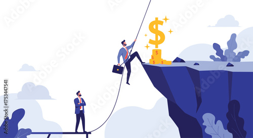 Man climbing a rope to reach a pile of gold coins and a dollar sign.