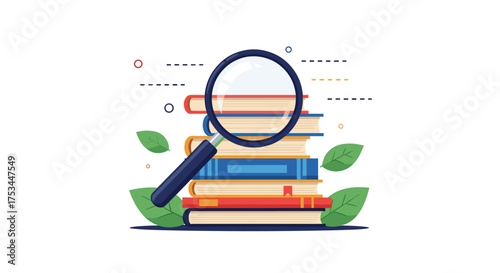 Discovering knowledge through magnifying glass over stack of books and leaves.