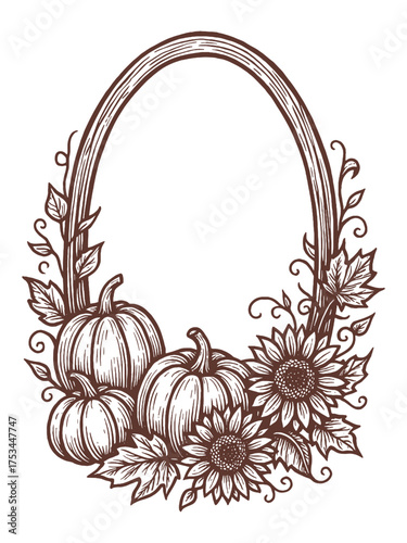 Pumpkin floral frame vertical autumn sketch vector illustration