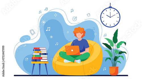 Vector art of a man is sitting on a beanbag chair, working on his laptop, with books and a clock in the background