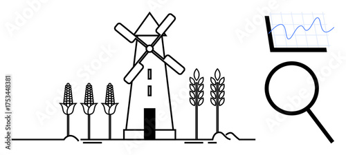 Windmill surrounded by corn and wheat, magnifying glass, and data chart. Ideal for sustainability, agriculture, eco-innovation, renewable energy, growth analysis agronomy clean farming. Simple flat