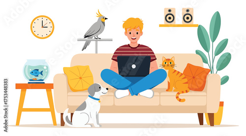 Vector art of a young man is sitting on a sofa with a laptop, a cat, a dog, a parrot, a fishbowl, a clock, speakers, and a plant he is working from home and enjoying the company of his pets