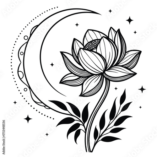A delicate moonlit flower illustration in black and white suitable for elegant floral designs and artistic projects