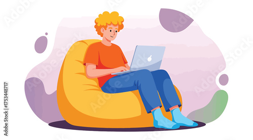 Vector art of a young man is sitting on a beanbag chair with a laptop, he is working from home and enjoying the comfort of his chair