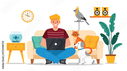 Vector art of a young man is sitting on a sofa with a laptop, a cat, a dog, a parrot, a fishbowl, a clock, speakers, and a plant he is working from home and enjoying his pets