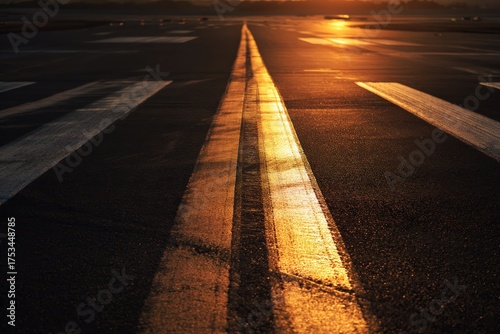 Golden sunset over airplane taxiway pavement highlighting lines and textures