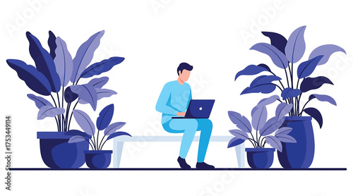 Vector art of a man sits on a bench, working on a laptop, surrounded by plants, he is working remotely in a peaceful outdoor setting
