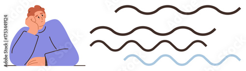 Individual leaning on hand in deep thought with wavy lines symbolizing contemplation, emotions, or creativity. Ideal for brainstorming, introspection, creativity, problem-solving, calmness