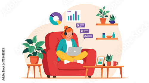 Vector art of a woman with headphones sits in a red armchair, working on a laptop, surrounded by plants and charts, she is working from home