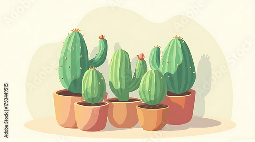 Collection of Green Cacti in Clay Pots Brightly Lit on Light Background