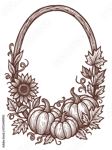 Pumpkin floral frame vertical autumn sketch vector illustration