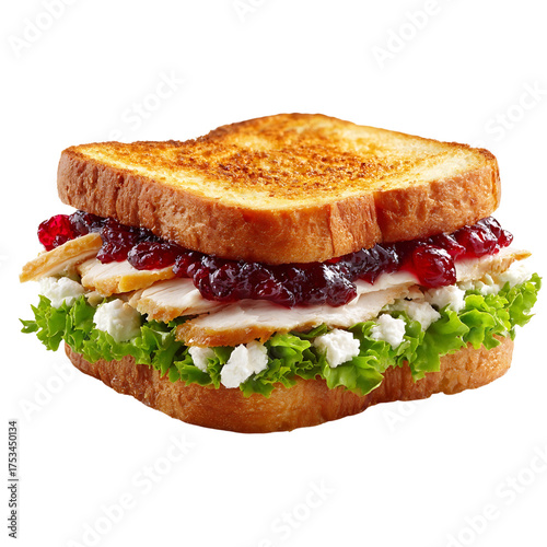 Savory turkey sandwich piled high with fresh lettuce, creamy cheese, and tart cranberry sauce on toasted bread is a delicious meal option.