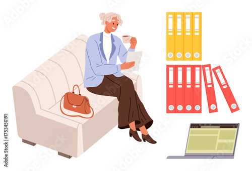 Elderly woman sitting on couch holding papers, handbag beside her, laptop and color-coded folders symbolizing organization. Ideal for productivity, senior workplace, remote work, planning, document