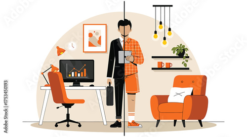 Vector art of a man split in half, one side dressed for work with a desk and computer, the other in casual clothes with a cozy armchair