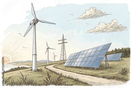 Renewable energy landscape featuring wind turbines and solar panels at sunset