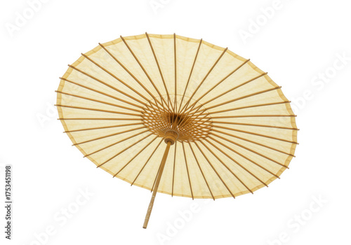 Isolated beige oiled paper umbrella with bamboo frame, open rain protection parasol