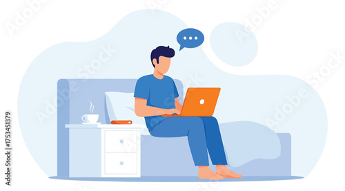 Vector art of a man is sitting on a bed with a laptop in his lap he is working or studying in his bedroom, with a cup of coffee nearby