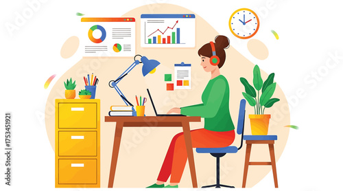 Vector art of a woman is sitting at a desk and working on her laptop, with a plant, a lamp, and a clock nearby, she is wearing casual clothes and has her hair up