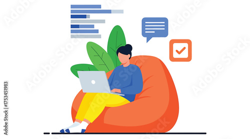 Vector art of a person is working on a laptop while sitting on a beanbag chair, with data charts and task management icons floating around