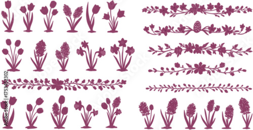 Cute Spring Floral Dividers Borders Set. Springtime and Easter flower separators design elements.