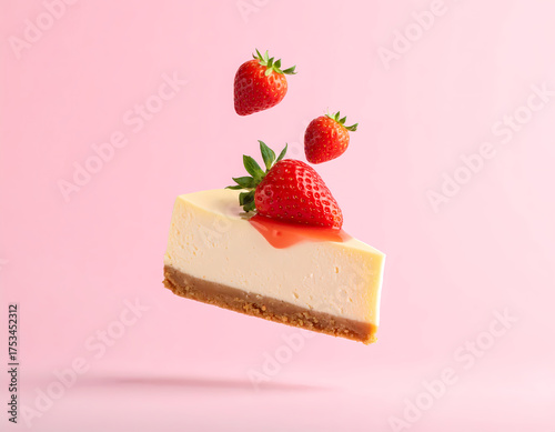 Minimalist Delicious Cheesecake Slice with Fresh Strawberry Topping on Pink Background