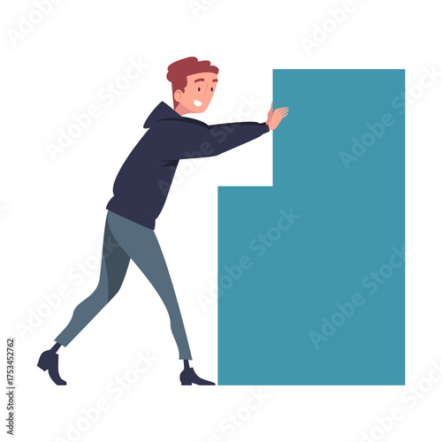 Man Character Pushing Figure and Big Shape Vector Illustration