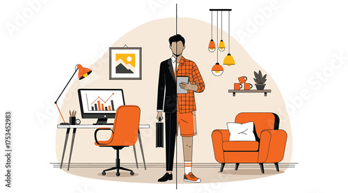 Vector art of work from home concept business suit and pajamas remote work home office online education vector illustration