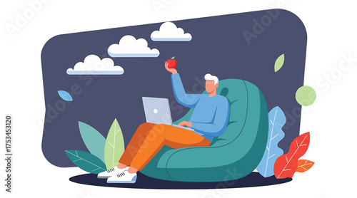 Vector art of man working on laptop sitting on bean bag freelancer working from home home office remote work online education vector illustration