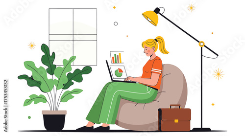 Vector art of a woman is working on her laptop at home, sitting in a beanbag chair with a plant and a lamp nearby