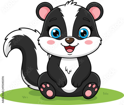 Cute cartoon skunk sitting on green grass, adorable baby forest animal with blue eyes, smiling wildlife character vector illustration
