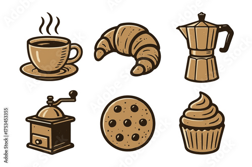 Vintage coffee and pastry icons: cup, croissant, coffee maker, grinder, cookie, cupcake.Colorful icons set illustrated