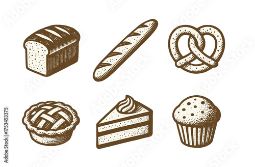 Hand-drawn bakery goods: bread, baguette, pretzel, pie, cake, muffin.Colorful icons set illustrated