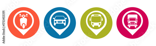 Transportation and Pin icon set illustration vector. Motorcycle, Car, Bus, Truck, with location sign and symbol.
