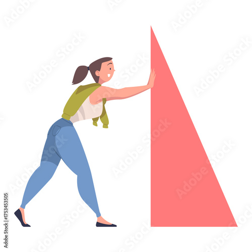 Woman Character Pushing Figure and Big Shape Vector Illustration