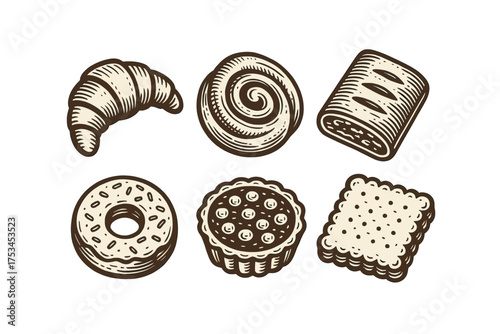 Vintage hand-drawn bakery goods illustrations: croissant, danish, and pastry collection.Colorful icons set illustrated
