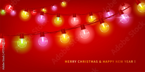 Christmas greeting card template with glowing colorful Christmas lights on red background with Merry Christmas and Happy New Year greeting. Holiday led design and decoration. Vector illustration