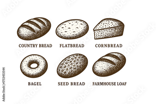Variety of hand-drawn breads: country, flat, corn, bagel, seed, farmhouse.Colorful icons set illustrated