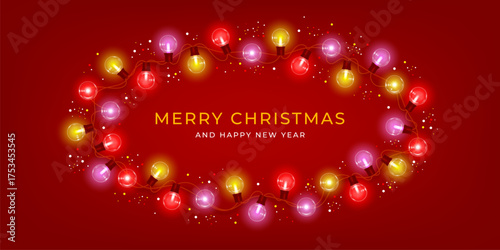 Christmas greeting card template. Glowing colorful Christmas lights on red background, Merry Christmas and Happy New Year text. Holiday design and decoration with led garland. Vector illustration